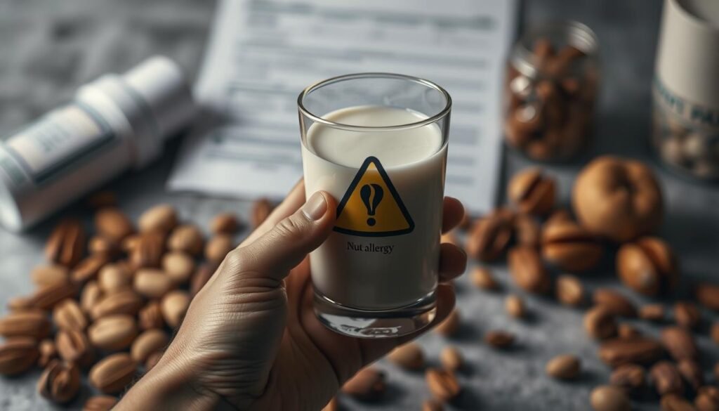 A close-up view of a person's hand holding a glass of milk with a cautionary nut allergy warning symbol, set against a blurred background of various nuts and a medical prescription pad. The lighting is soft and moody, with a muted color palette that conveys a sense of caution and potential health risks. The composition emphasizes the contrast between the fragile glass of milk and the potentially dangerous nuts, highlighting the delicate balance faced by those with milk and nut allergies.