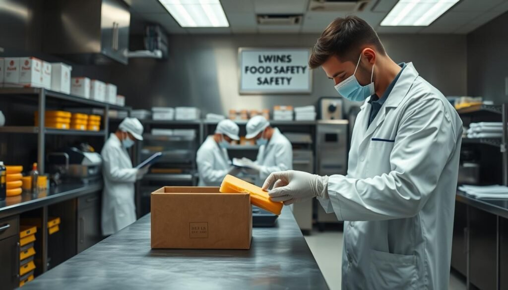 A well-lit industrial kitchen interior, with stainless steel countertops and appliances. In the foreground, a close-up of a food safety inspector examining a box of cheese product, wearing a white lab coat and protective gloves. In the middle ground, a team of quality control technicians diligently testing samples and recording data on clipboards. The background features shelves of neatly organized food safety equipment and signage outlining safety protocols. The overall atmosphere conveys a sense of professionalism, attention to detail, and a commitment to ensuring the quality and safety of the cheese product.