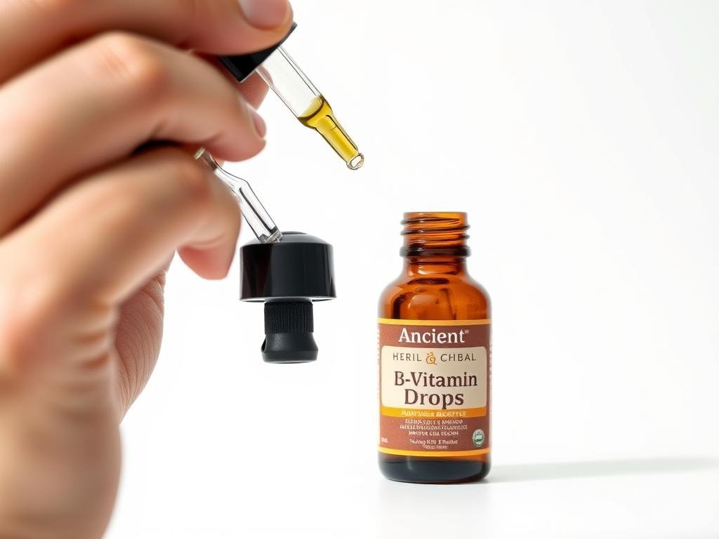 Ancient Herbal B-Vitamin Drops bottle with droplets being placed under tongue