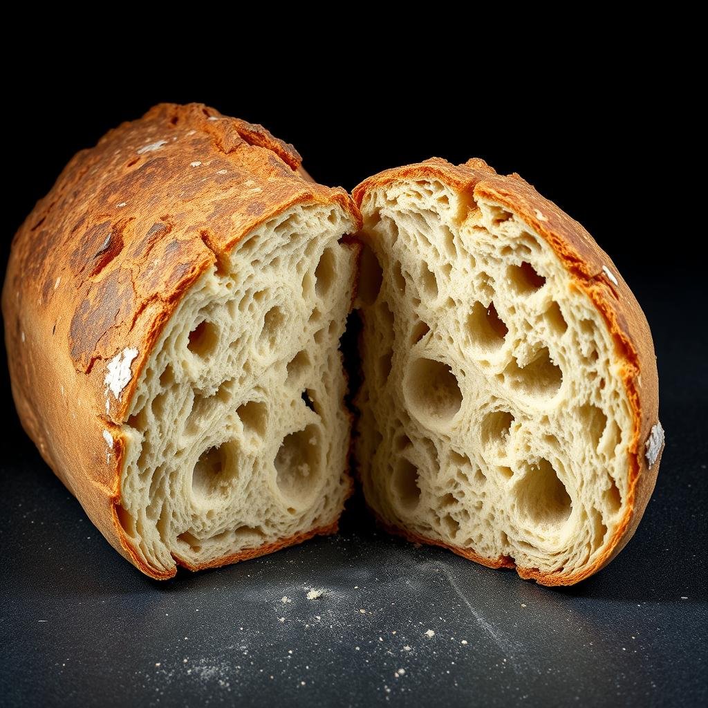 Artisanal sourdough bread with characteristic crust and air pockets, offering better digestibility than regular white bread