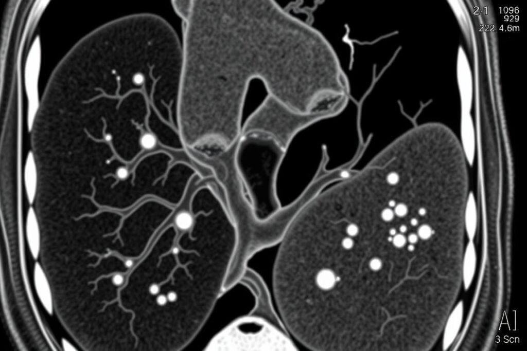 Cardiac calcium scoring CT scan showing calcium build-up in coronary arteries Cardiac calcium scoring CT scan showing calcium build-up in coronary arteries