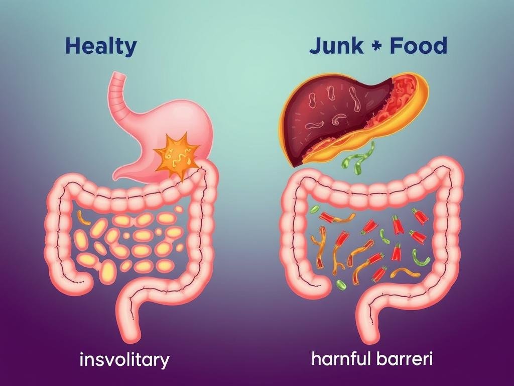 Comparison of healthy gut lining versus damaged gut from junk food consumption showing inflammation and moringa's healing effects