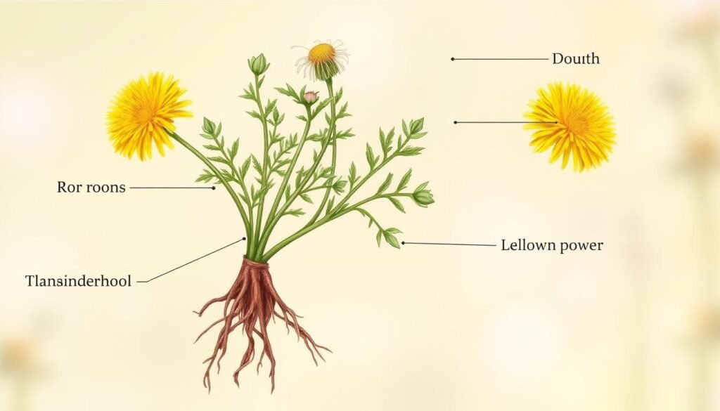 Dandelion plant showing roots, leaves and flower used for liver health