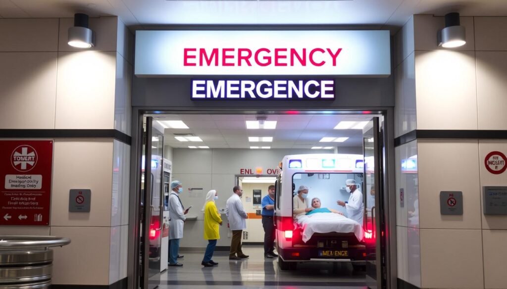 Emergency room entrance with medical staff ready to help sepsis patients Emergency room entrance with medical staff ready to help sepsis patients