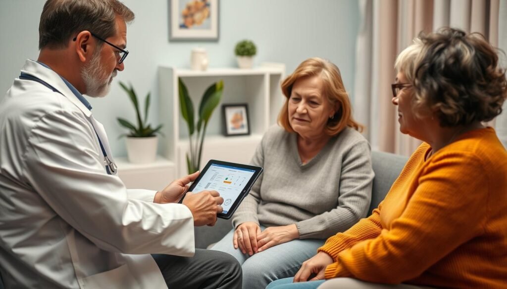 Family discussing Huntington's disease treatment options with doctor Family discussing Huntington's disease treatment options with doctor