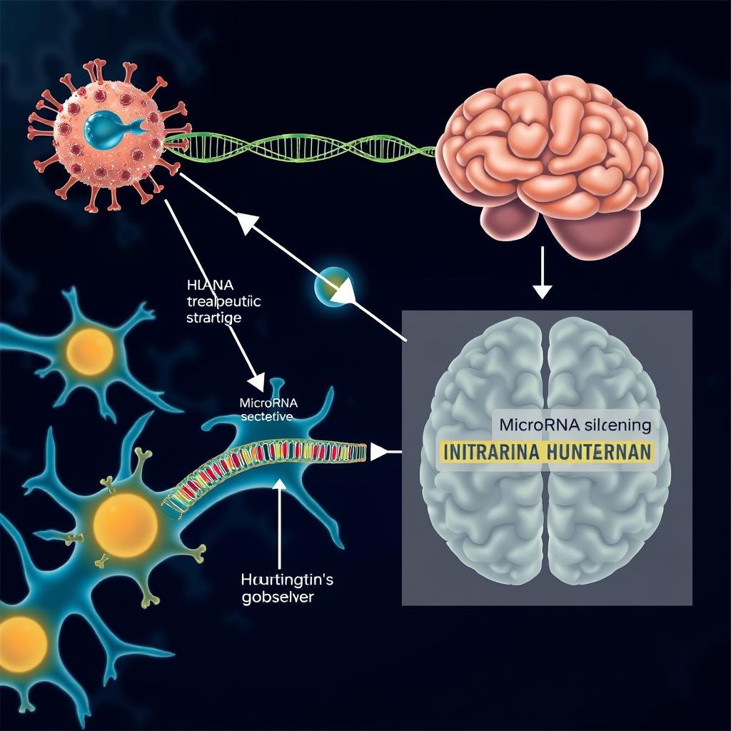 Illustration of Huntington's disease treatment gene therapy mechanism Illustration of Huntington's disease treatment gene therapy mechanism