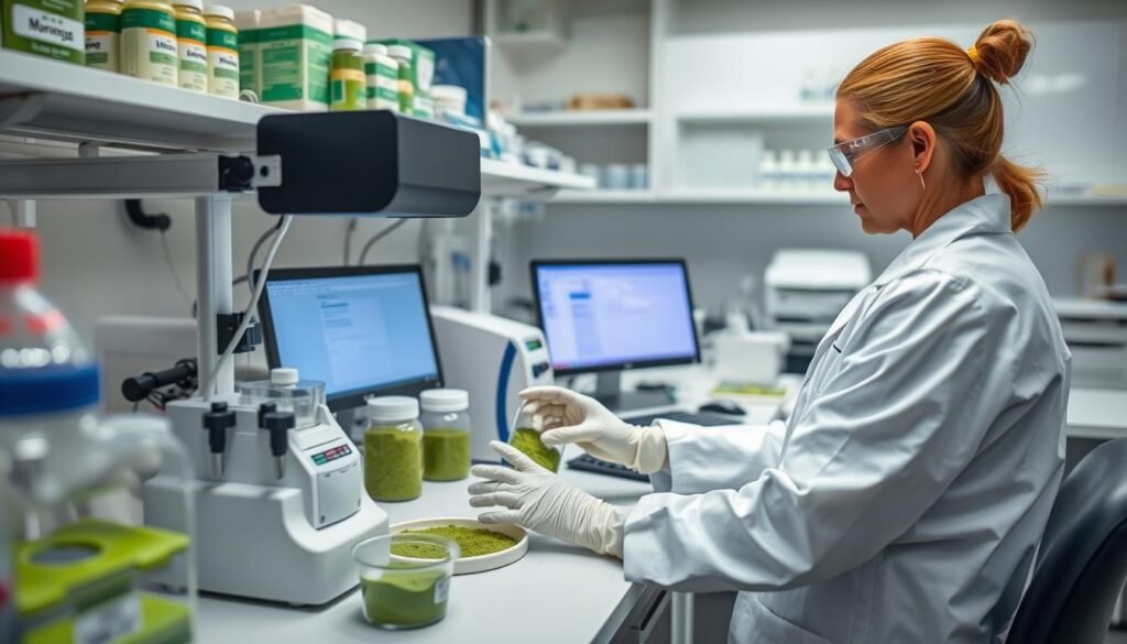Laboratory testing of Moringa for purity and potency showing scientific equipment and analysis