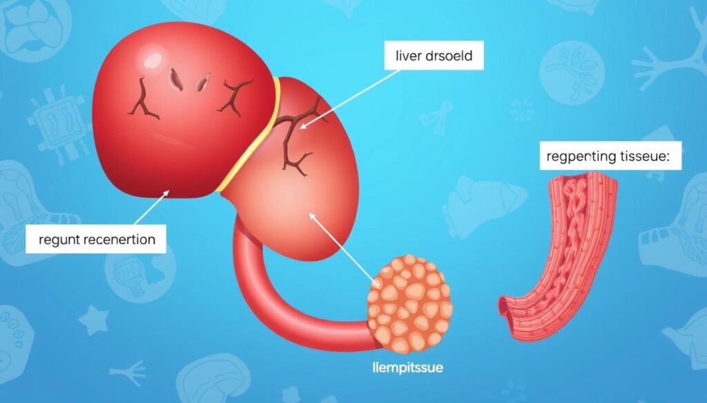 Liver regeneration illustration showing liver tissue regrowth process