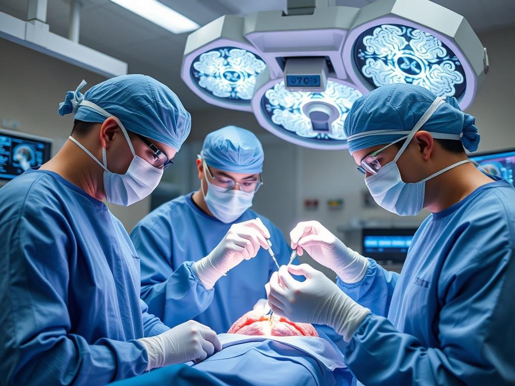 Medical team performing Huntington's disease treatment procedure Medical team performing Huntington's disease treatment procedure