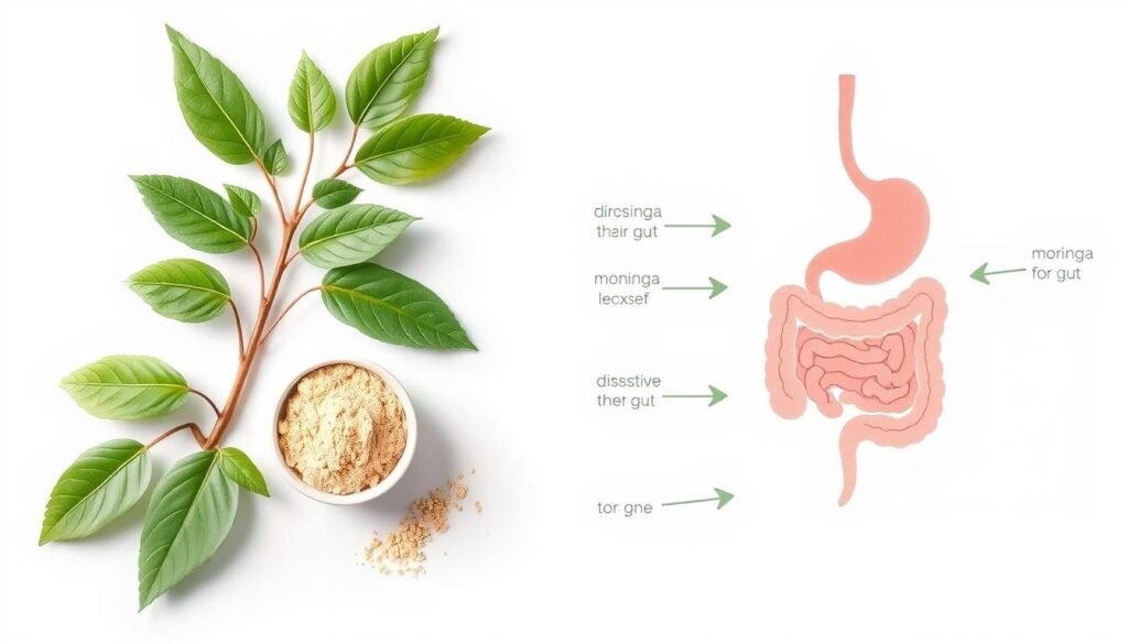 Moringa leaves and powder with digestive system illustration showing how Moringa helps detox the gut