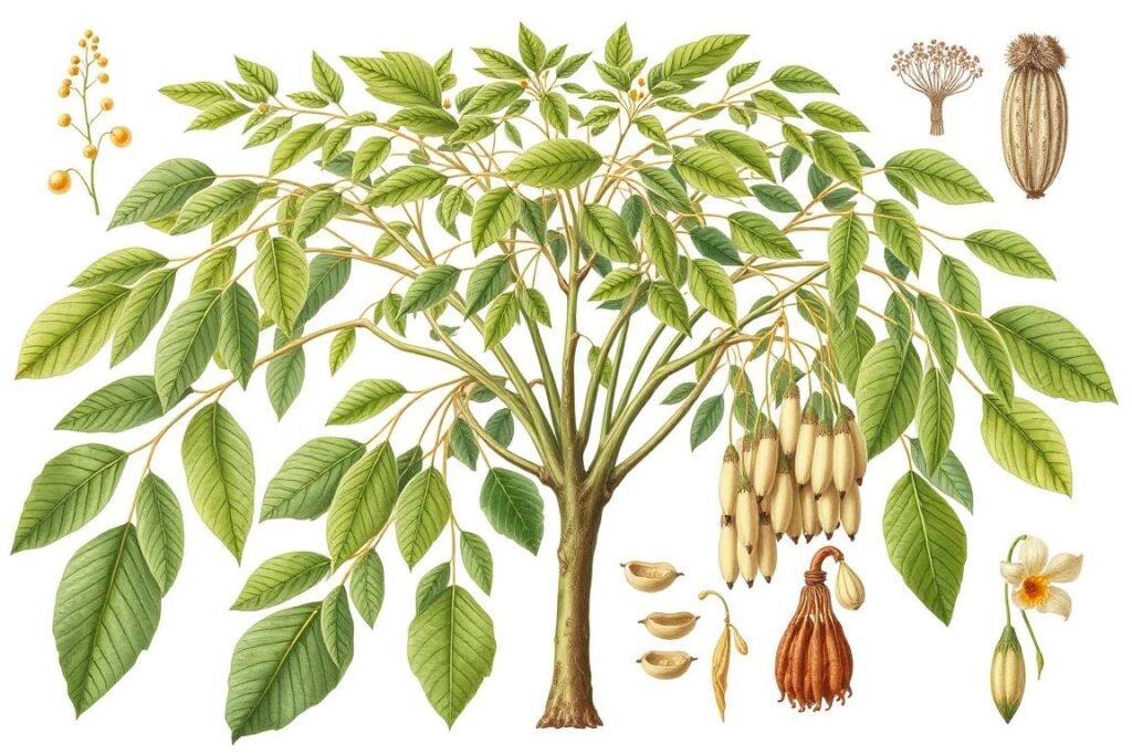 Moringa tree with detailed view of leaves, flowers, and seed pods showing the parts used for medicinal purposes