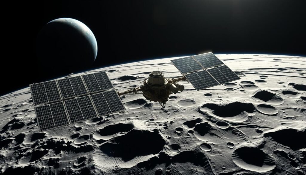 NASA Artemis II Mission spacecraft orbiting the Moon with Earth visible in the background