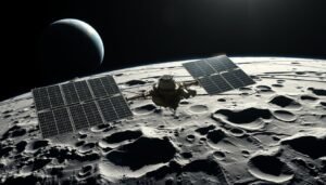 NASA Artemis II Mission spacecraft orbiting the Moon with Earth visible in the background