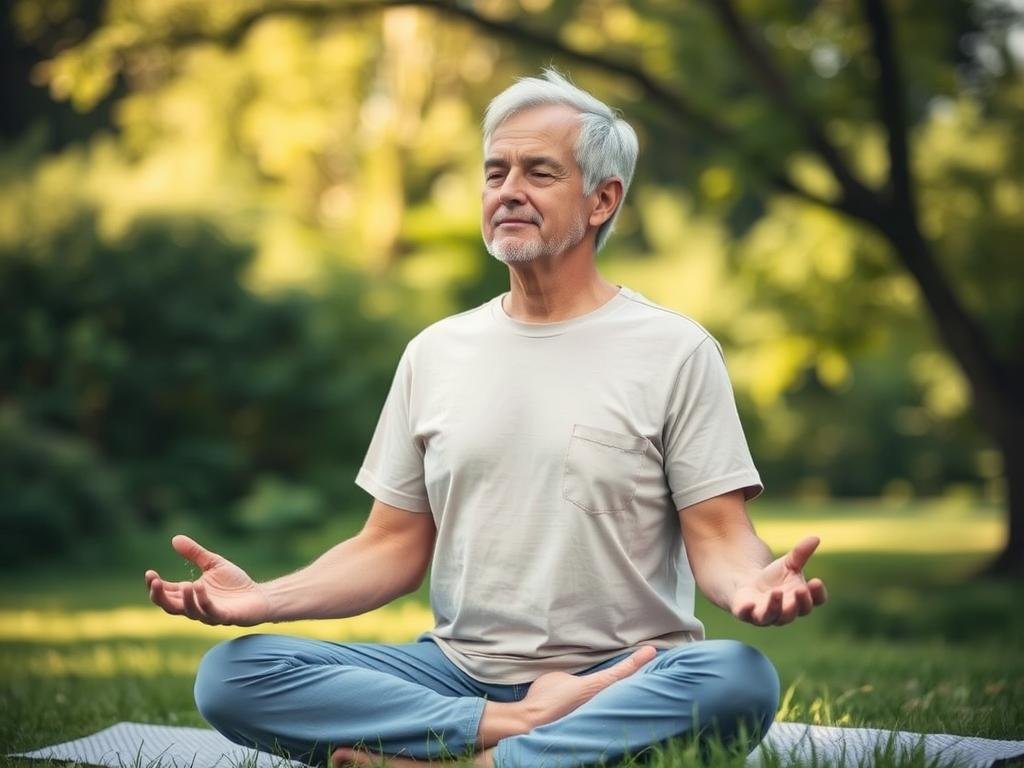 Person practicing meditation for stress reduction and blood pressure management Person practicing meditation for stress reduction and blood pressure management