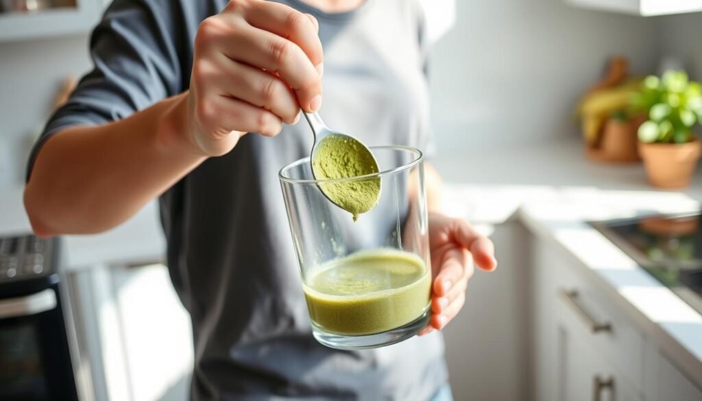 Person preparing Moringa powder in morning routine, mixing it with water or smoothie