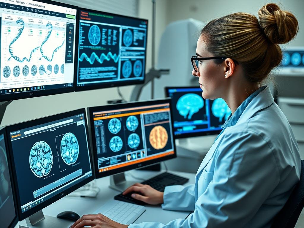 Researcher examining Huntington's disease treatment data Researcher examining Huntington's disease treatment data