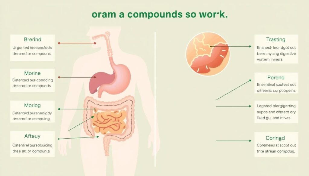 Scientific illustration showing how Moringa compounds work in the digestive system to reduce inflammation and promote healing