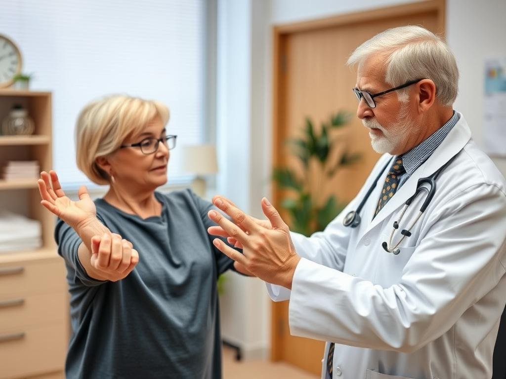Senior doctor demonstrating exercise to patient