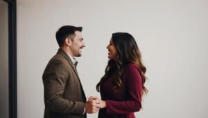 A loving couple standing close together, smiling warmly and holding hands, symbolizing the happiness and connection that Semenoll can bring to relationships. The scene is modest, elegant, and romantic without physical intimacy.