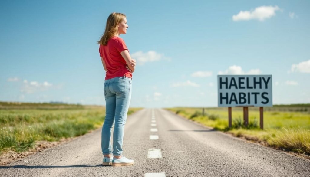 A person at a crossroads representing health choices before turning 40