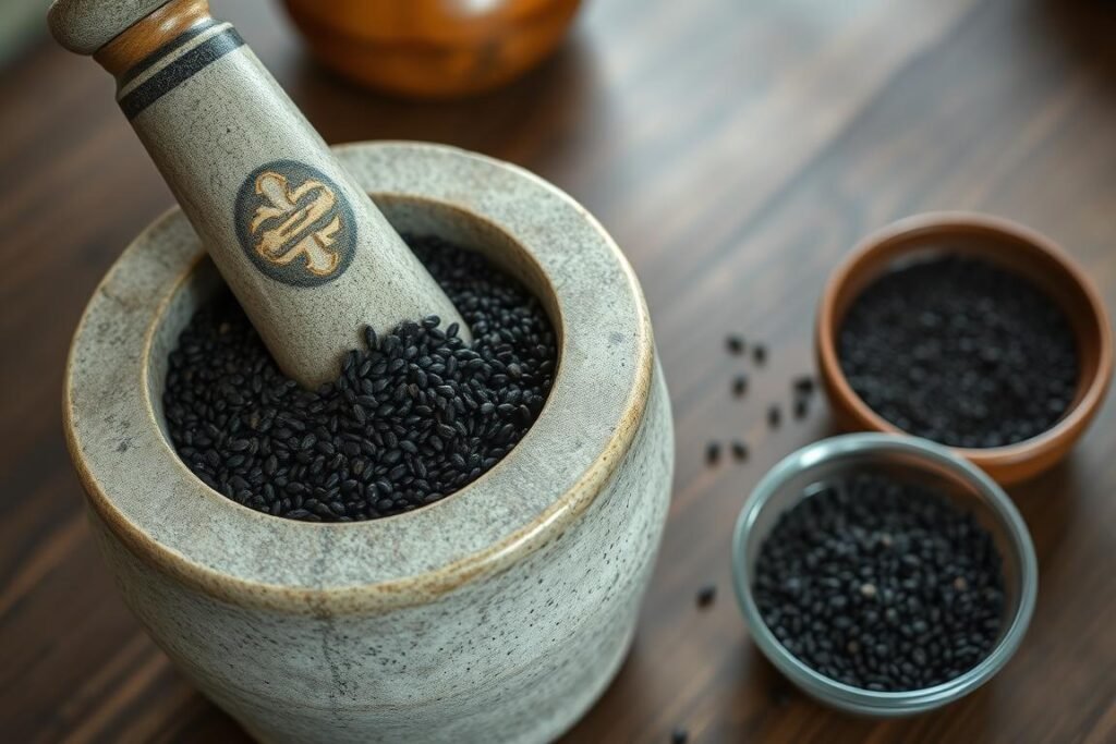 Black sesame seeds and black sesame paste used in Chinese Diet Secrets for Preventing Grey Hair Black sesame seeds and black sesame paste used in Chinese Diet Secrets for Preventing Grey Hair