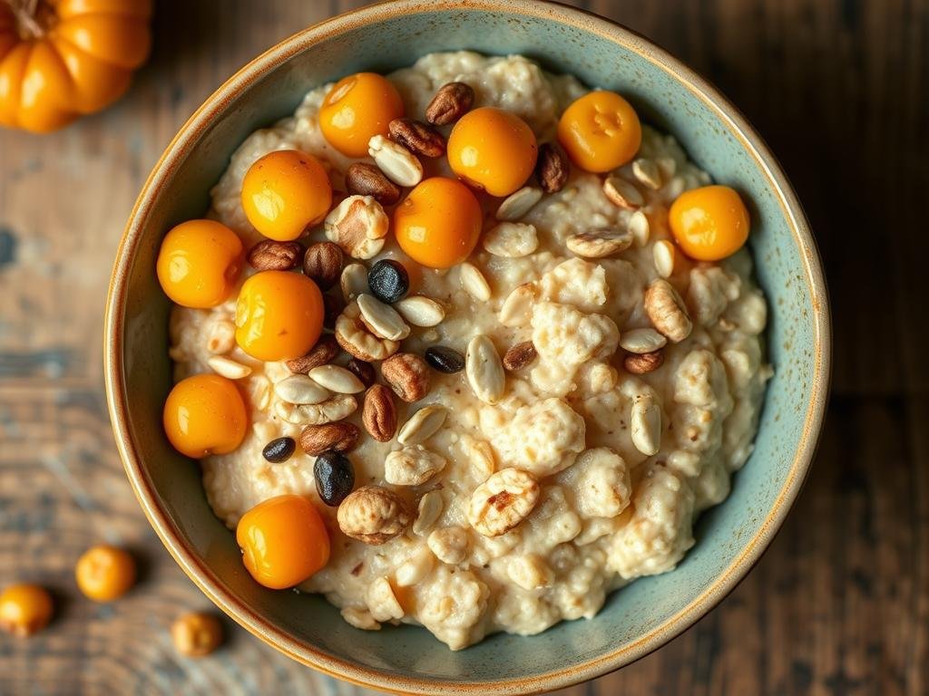 Breakfast bowl with oatmeal, golden berries, and nuts for blood sugar balance Breakfast bowl with oatmeal, golden berries, and nuts for blood sugar balance