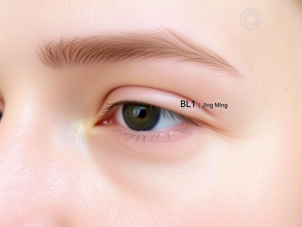 Close-up of BL1 acupressure point location at inner corner of eye Close-up of BL1 acupressure point location at inner corner of eye
