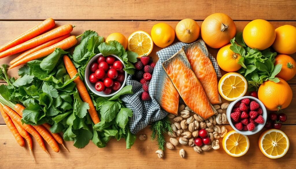 Colorful array of foods that support eye health Colorful array of foods that support eye health