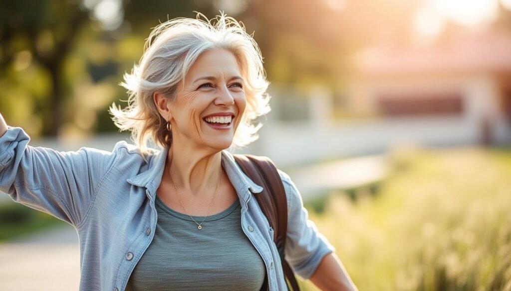 Confident woman enjoying life after finding hormone balance for menopause Confident woman enjoying life after finding hormone balance for menopause