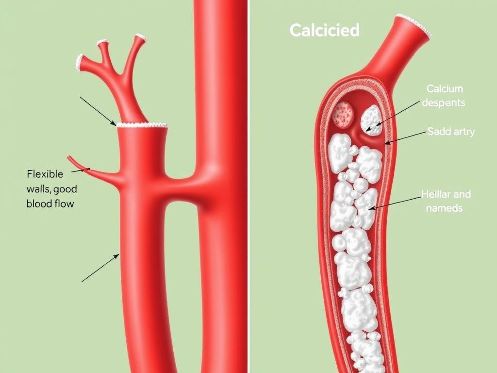 Cross-section of healthy artery versus calcified artery showing arterial calcification Cross-section of healthy artery versus calcified artery showing arterial calcification