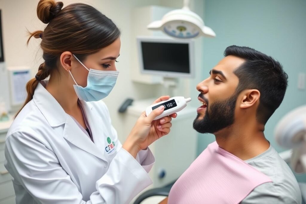 Dentist using a halimeter to diagnose chronic bad breath