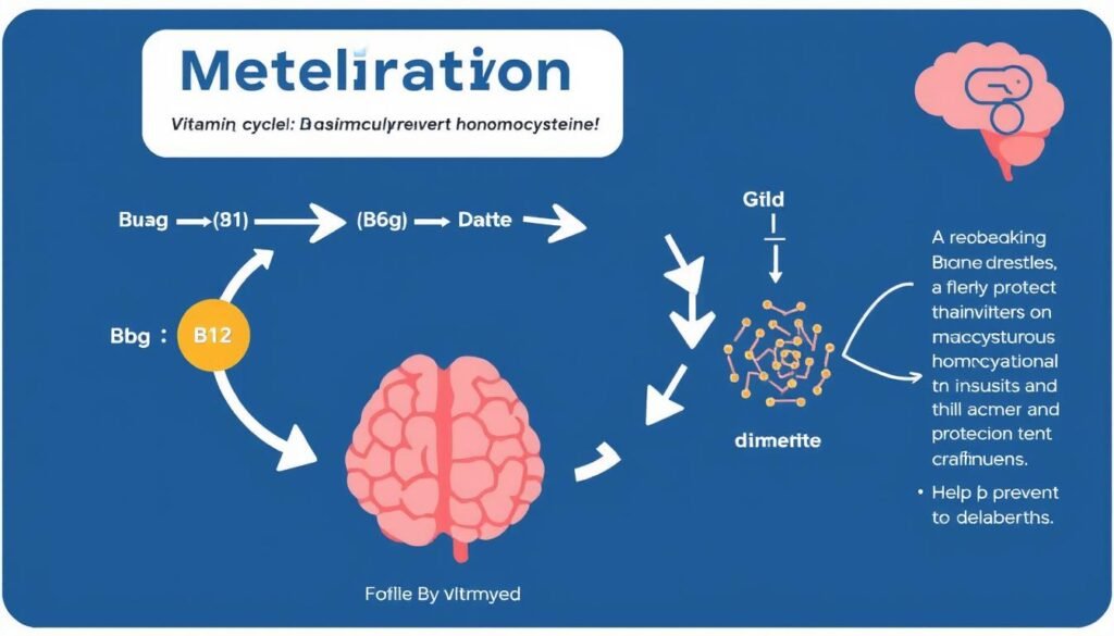 Diagram showing how B vitamins regulate homocysteine to prevent dementia Diagram showing how B vitamins regulate homocysteine to prevent dementia