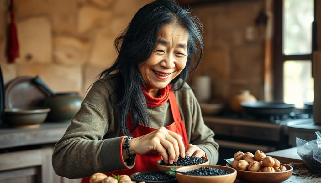 Elderly Chinese woman with beautiful black hair preparing traditional anti-aging foods