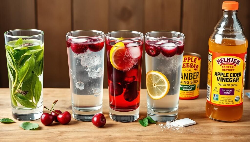 Five glasses containing different drinks that starve cancer cells including green tea, hydrogen water, tart cherry juice, lemon water with baking soda, and apple cider vinegar