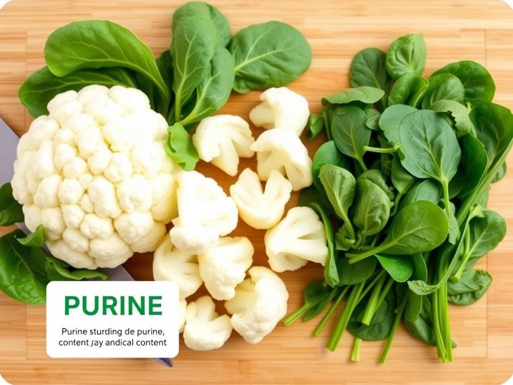 Fresh cauliflower and spinach with purine content indicator