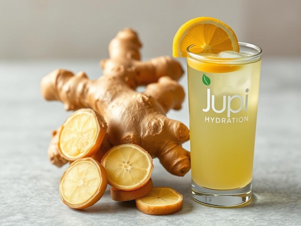 Fresh ginger root slices used in Jupi Hydration formula Fresh ginger root slices used in Jupi Hydration formula