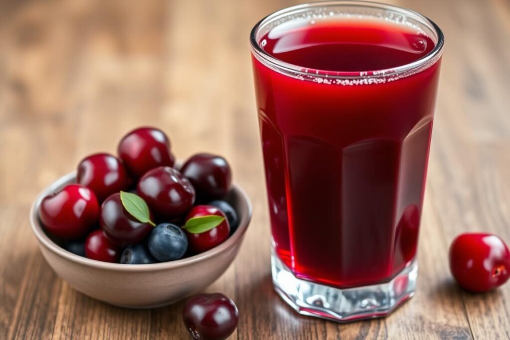 Glass of deep red tart cherry juice next to fresh cherries and blueberries, drinks that starve cancer cells through antioxidant action Glass of deep red tart cherry juice next to fresh cherries and blueberries, drinks that starve cancer cells through antioxidant action