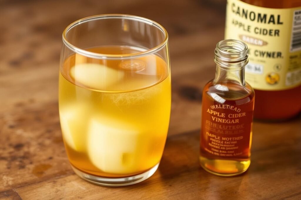 Glass of diluted apple cider vinegar with the mother visible, known to help starve cancer cells by regulating blood sugar Glass of diluted apple cider vinegar with the mother visible, known to help starve cancer cells by regulating blood sugar