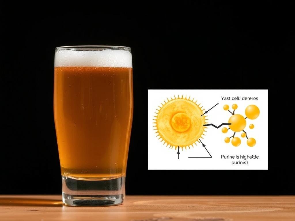 Glass of non-alcoholic beer with yeast illustration showing purine content