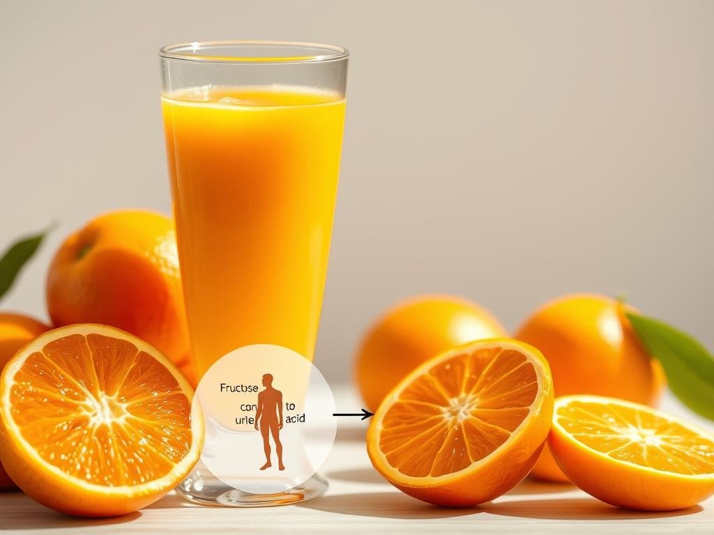 Glass of orange juice next to whole oranges with uric acid molecule diagram