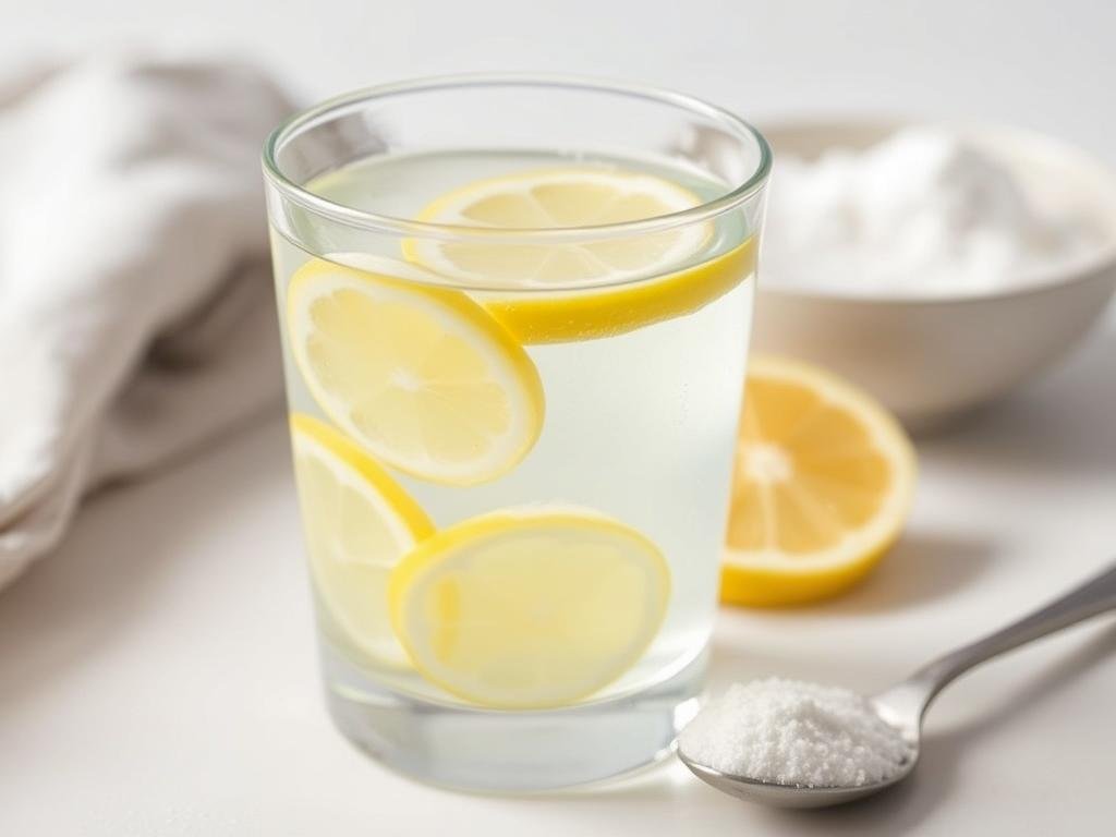 Glass of water with lemon slices and a small spoon of baking soda, a drink that helps starve cancer cells by alkalizing the body Glass of water with lemon slices and a small spoon of baking soda, a drink that helps starve cancer cells by alkalizing the body