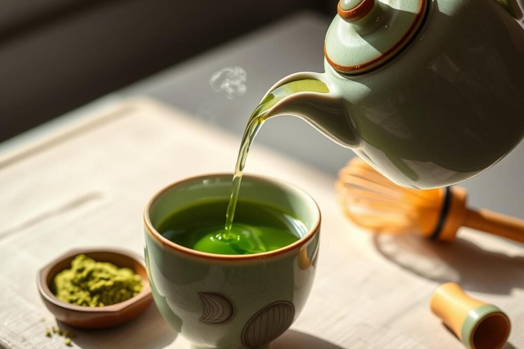 Green tea being poured into a cup with matcha powder nearby, known for containing compounds that starve cancer cells Green tea being poured into a cup with matcha powder nearby, known for containing compounds that starve cancer cells