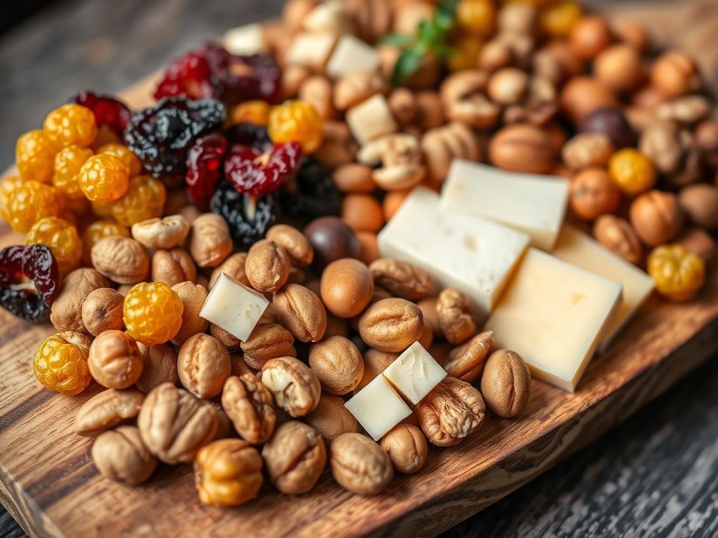 Healthy snack plate with golden berries, nuts, and cheese for balanced blood sugar Healthy snack plate with golden berries, nuts, and cheese for balanced blood sugar
