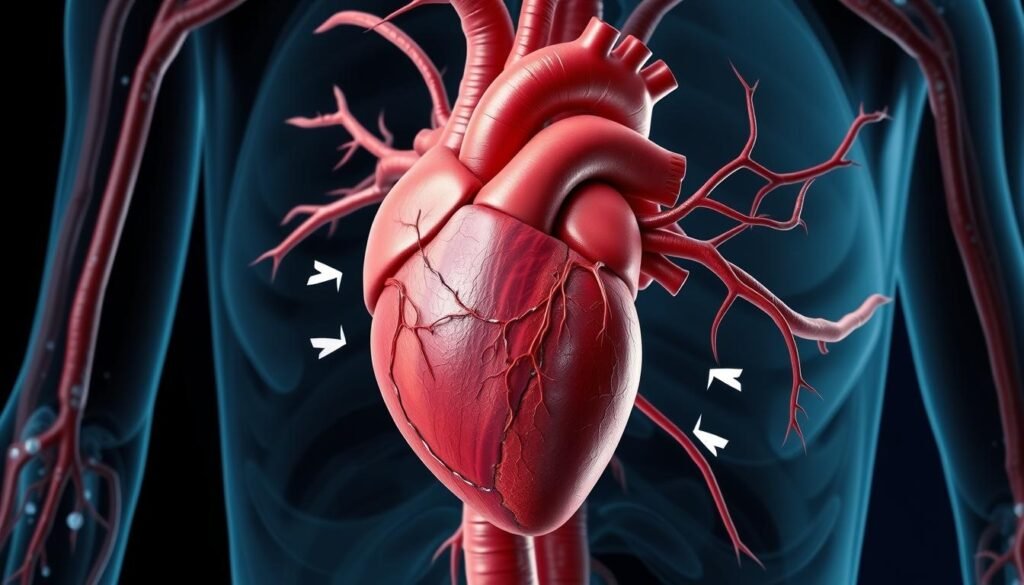 Illustration of heart struggling to pump blood through calcified arteries Illustration of heart struggling to pump blood through calcified arteries