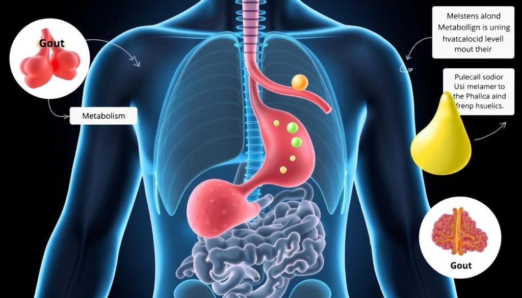 Illustration of metabolic processes affecting uric acid levels