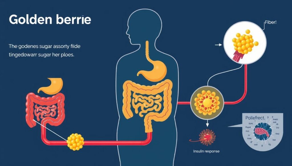 Illustration showing how golden berries' fiber content affects blood sugar absorption and insulin response Illustration showing how golden berries' fiber content affects blood sugar absorption and insulin response