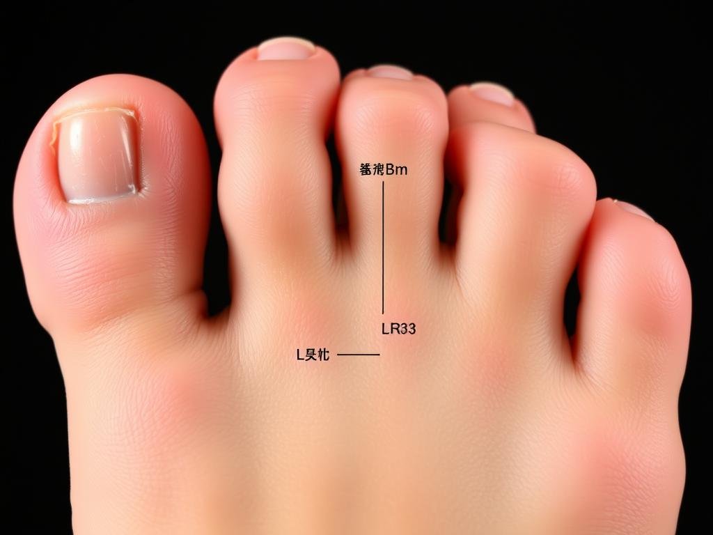 Location of LR3 point on the foot between first and second metatarsal bones Location of LR3 point on the foot between first and second metatarsal bones