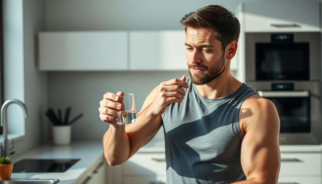 Man taking Semenoll supplement with water in the morning