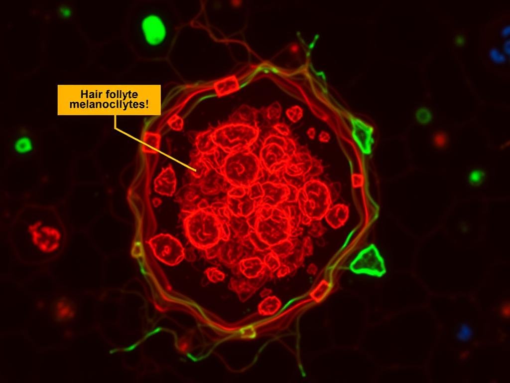 Microscopic view of hair follicle melanocytes that produce hair pigment Microscopic view of hair follicle melanocytes that produce hair pigment