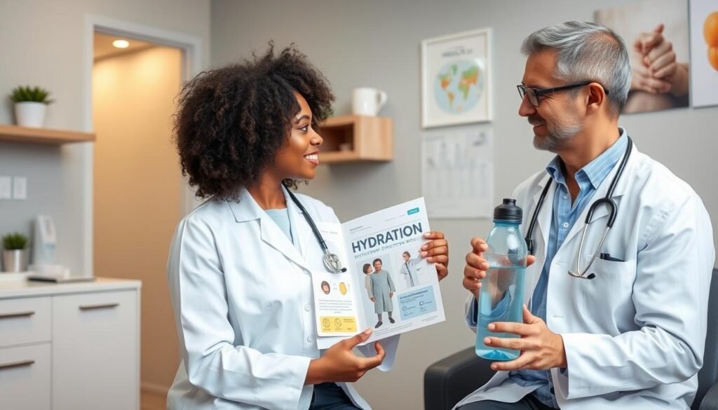 Person consulting with doctor about incorporating hot water into health routine Person consulting with doctor about incorporating hot water into health routine